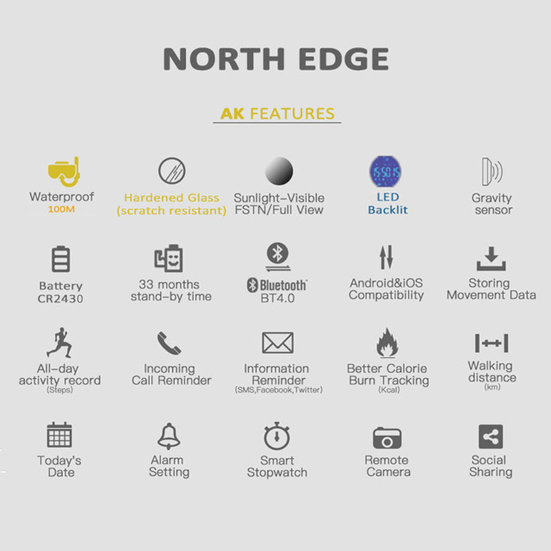 NORTH EDGE AK 100M Waterproof  - Smartwatch Digital Watches For Men 评论和价格